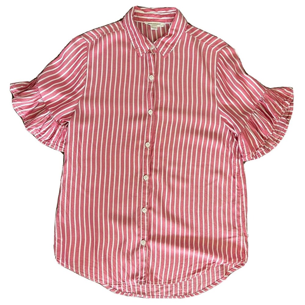 BeachLunchLounge Salmon/Pink Striped Button Down Collared Flared Sleeve Shirt XS